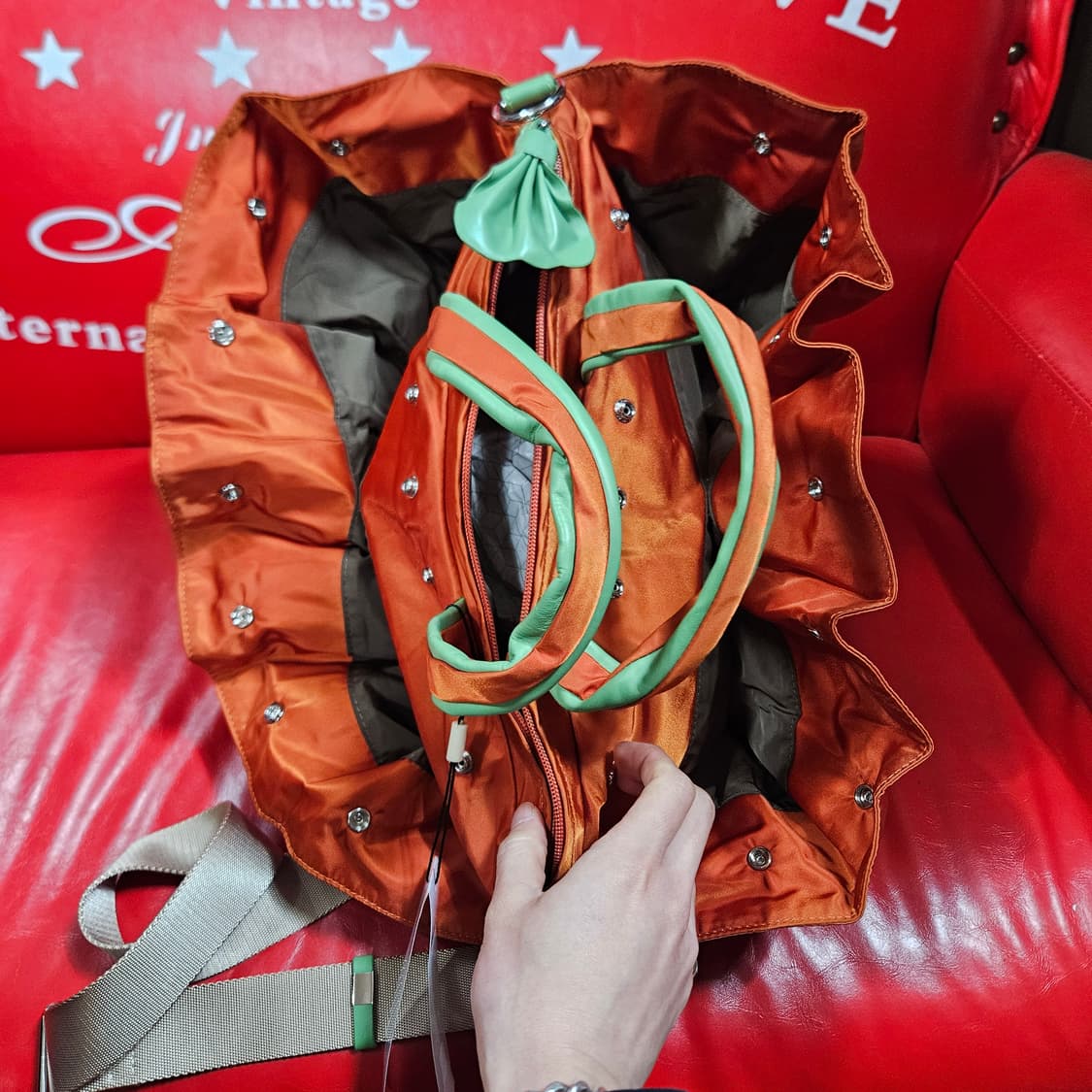 ON-FUNNY 나일론 셔링 민트 가죽배색 토트 크로스백 상품이미지6