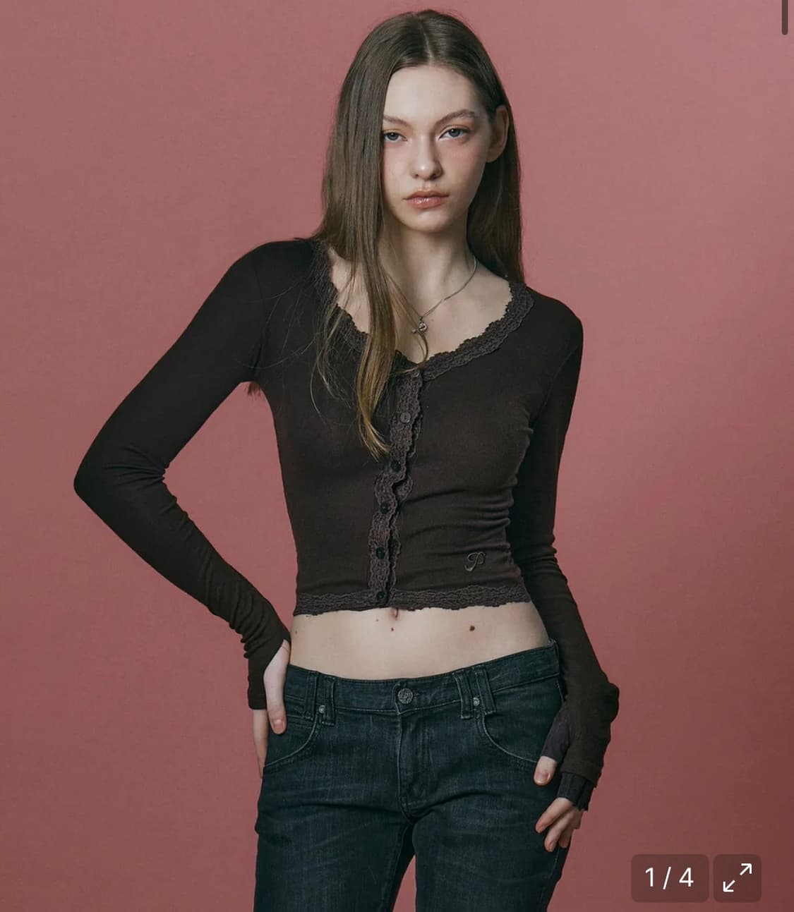 플리즈노팔로우 Mila Lace Long Sleeve Top (Choco 상품이미지1