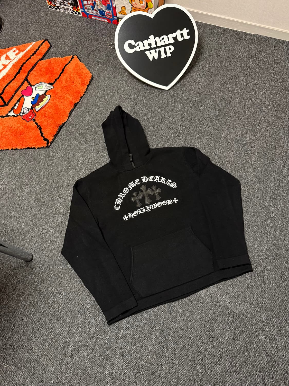 [XL] 크롬하츠 세메터리 크로스 레더 패치 캐시미어 후드 니트 블랙 상품이미지3