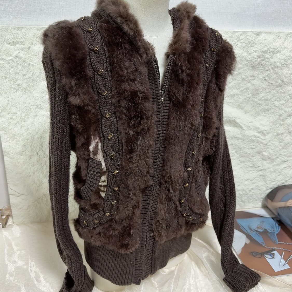 빈티지 커피브라운 토끼털 후드집업 니트자켓 상품이미지2