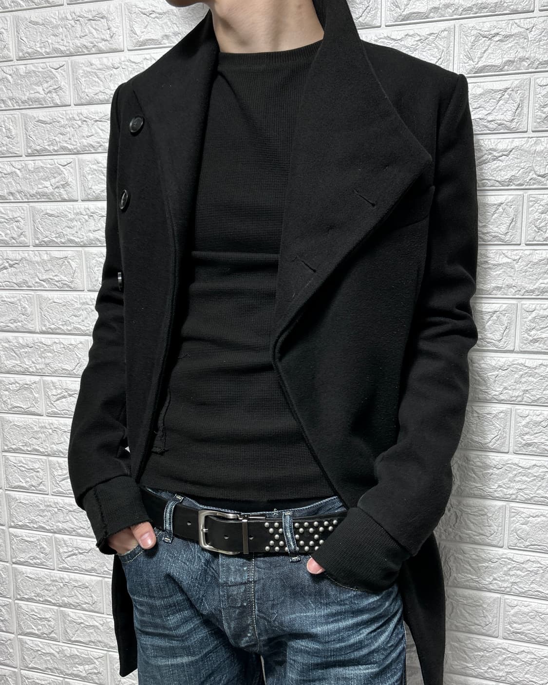 울 비대칭 버튼 하이넥 코트 상품이미지2