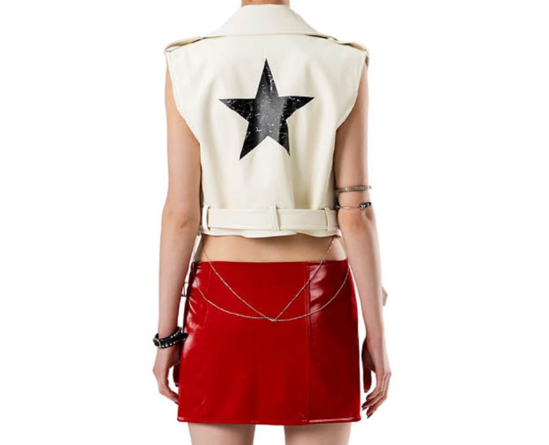 러닝하이 스타 프린팅 레더 크롭 라이더 베스트 화이트 상품이미지4