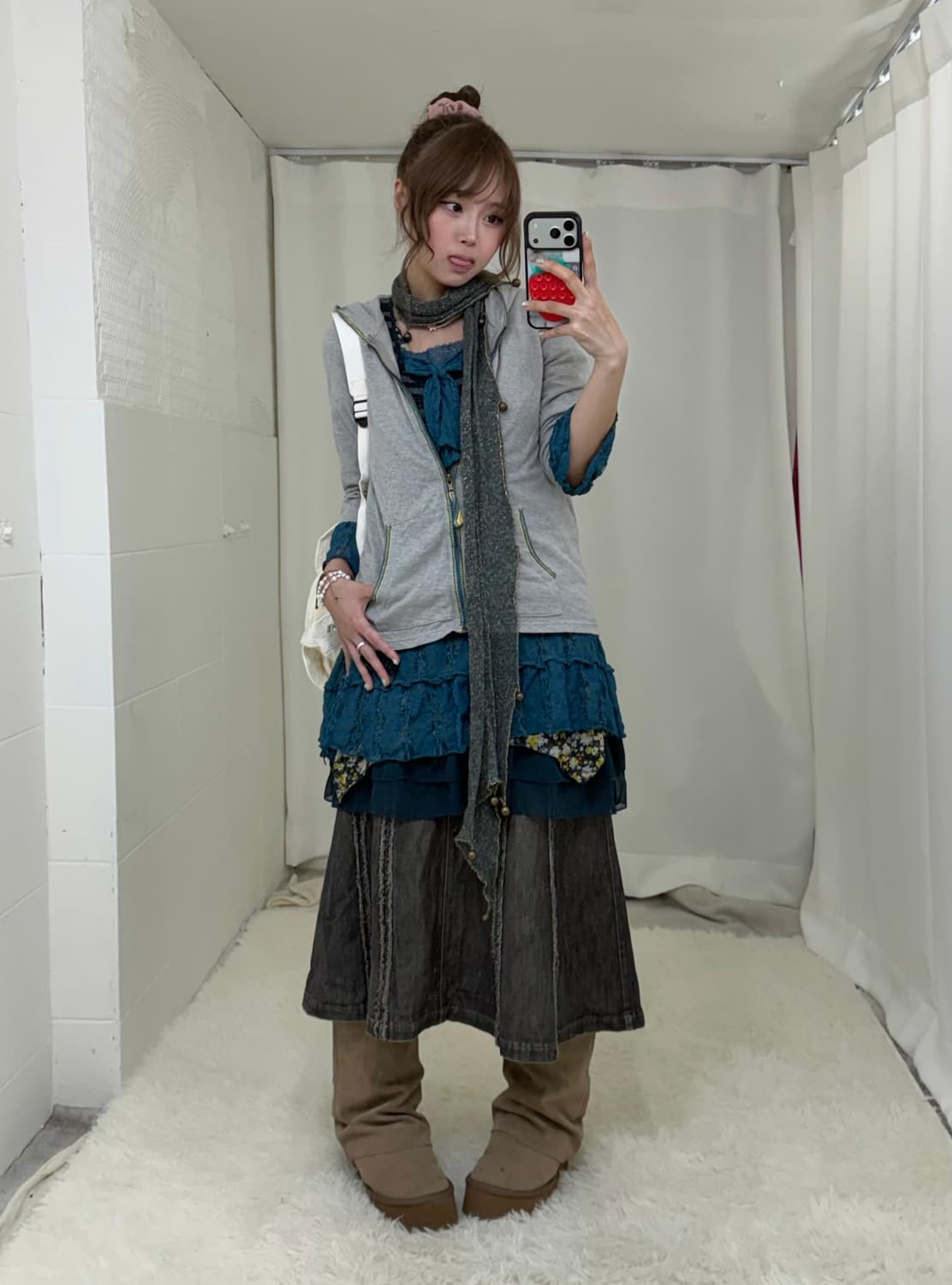 청록 하구미 히피 모리걸 잔꽃 원피스 흑청스커트 코디세트 상품이미지1