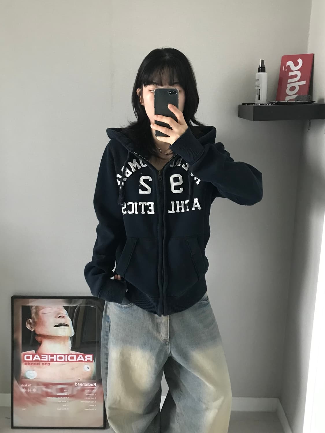 아베크롬비 헤비코튼 자수 로고 네이비 후드집업 상품이미지4