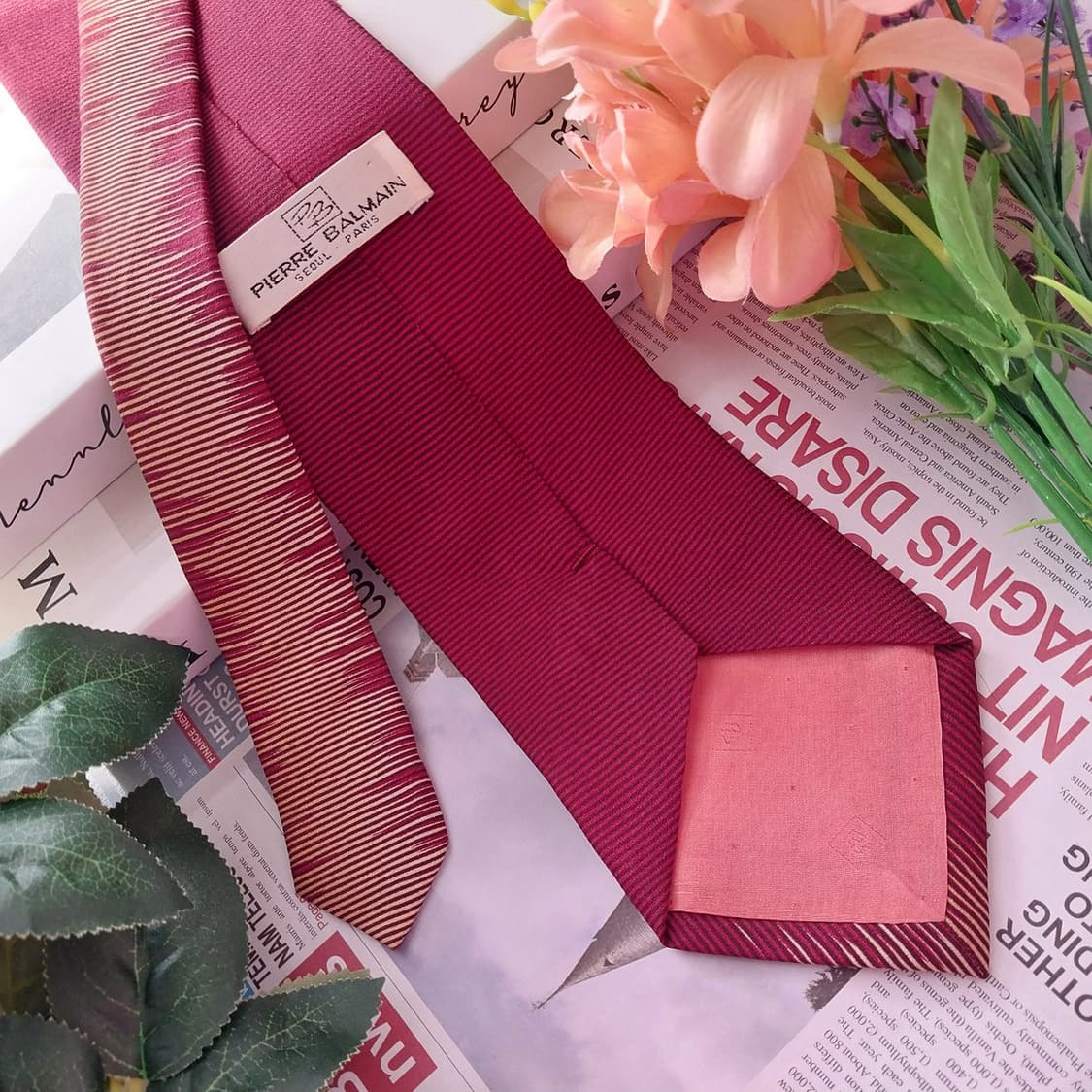 피에르 발망 실크 와인 스트라이프 넥타이 9.8cm A+등급 K1332 상품이미지6