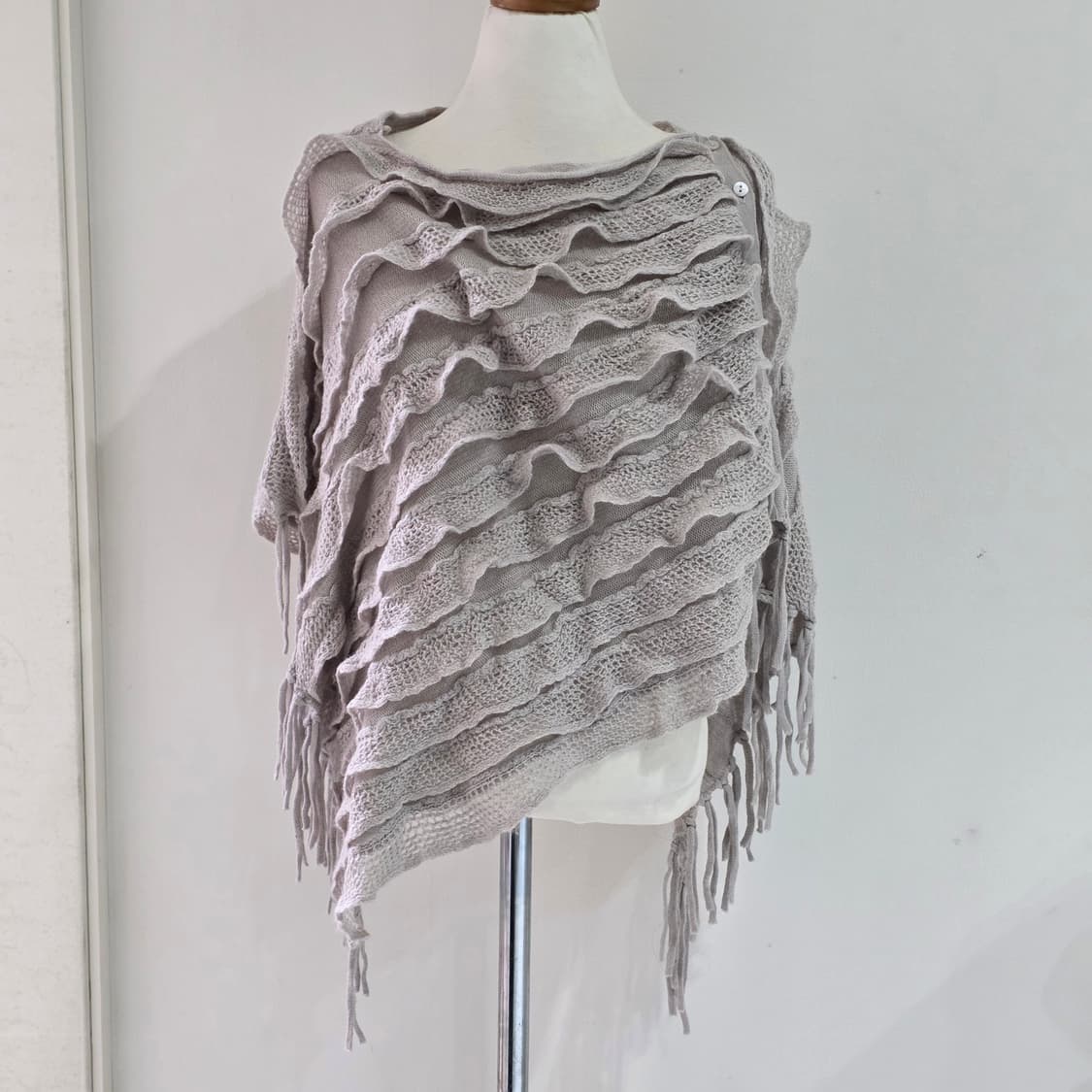 일본빈티지)캐시미어 프릴 니트크로셰 로맨틱 라떼갸루 로맨틱 숄망토판쵸 상품이미지1