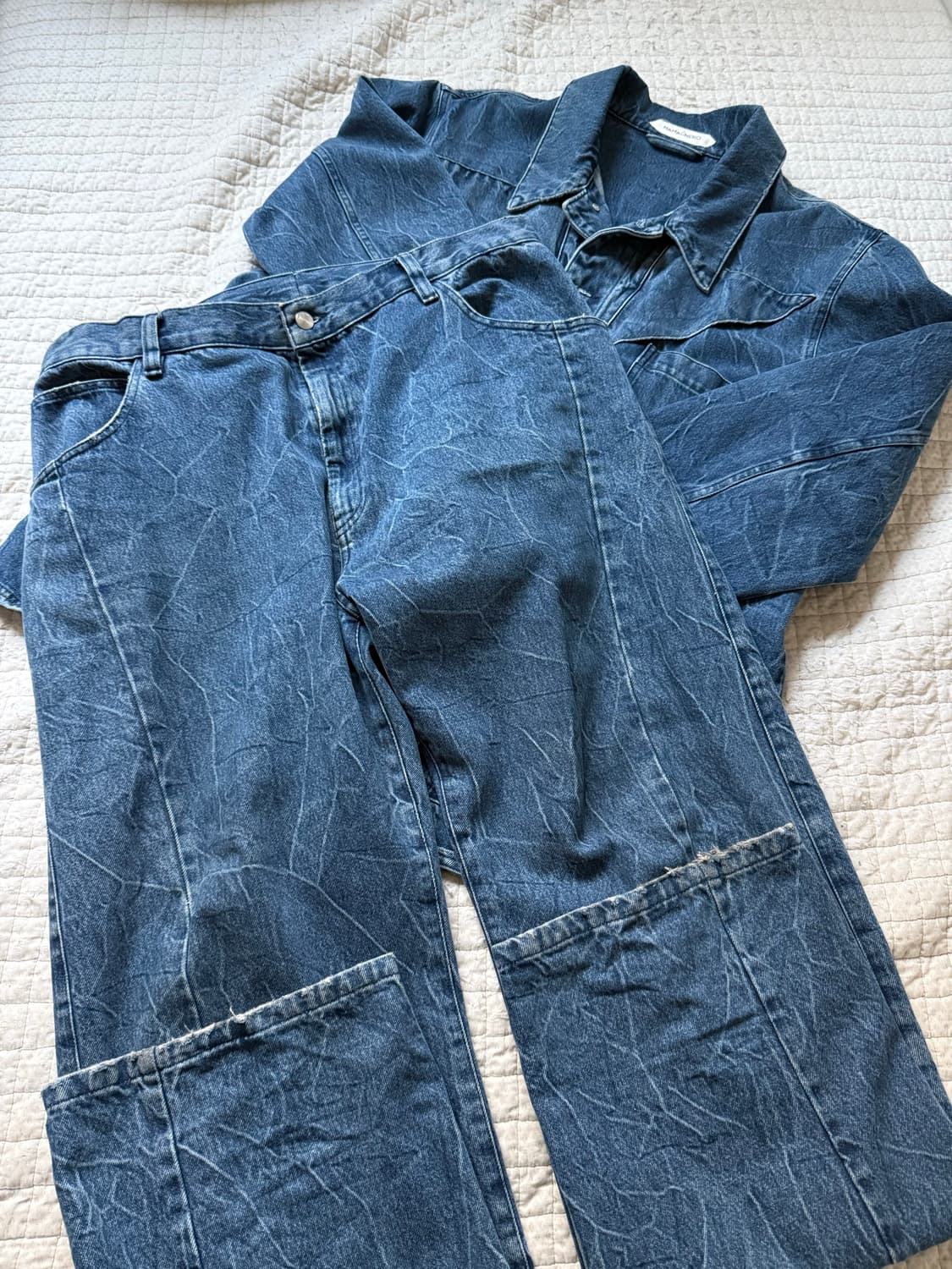 [XL, XL] 나마체코 데님 셋업 일괄 (칼붐 자켓 + 크링클 팬츠) 상품이미지2