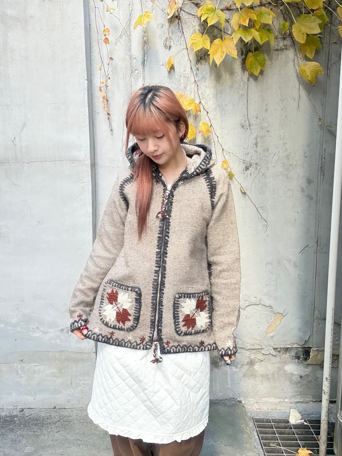 JPN 모카 스티치 단풍 플라워 자수 울 코위찬 후드집업 상품이미지5