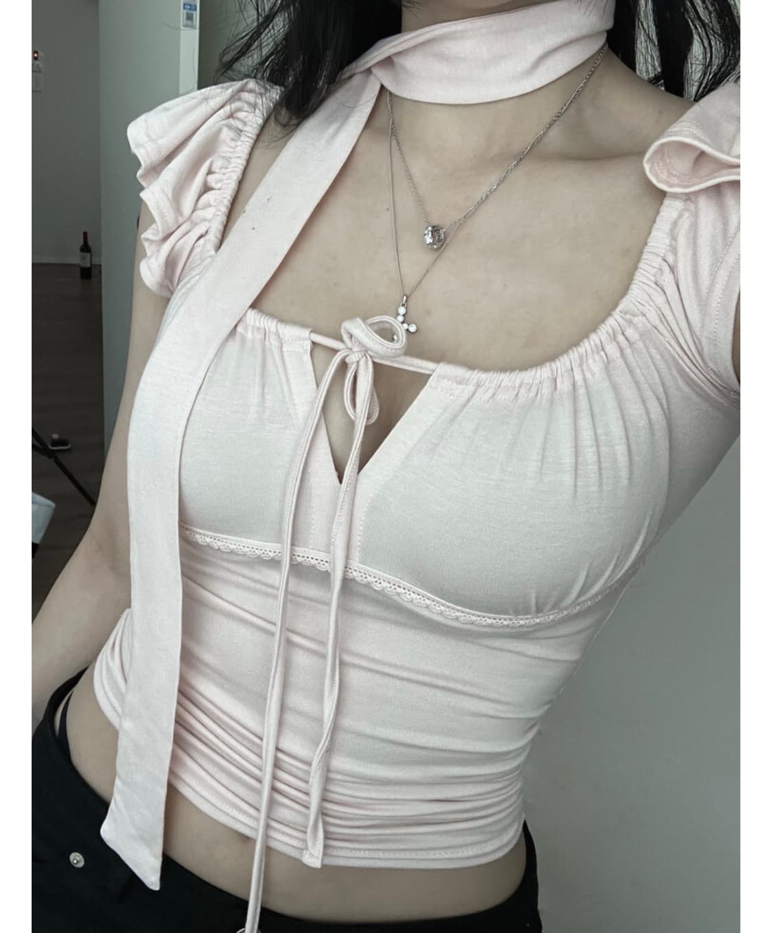 엔젤넘버555 레이스 타이 탑 핑크 상품이미지1