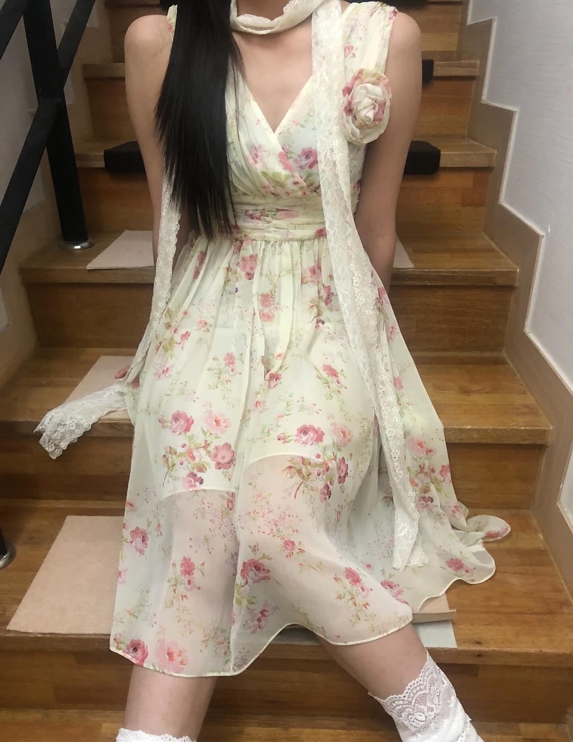빈티지 화이트 플라워 롱 원피스 상품이미지2