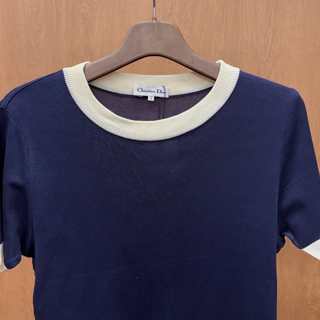 크리스찬 디올 배색 립 반팔 티셔츠 라운드넥 썸머 니트 네이비 상품이미지4
