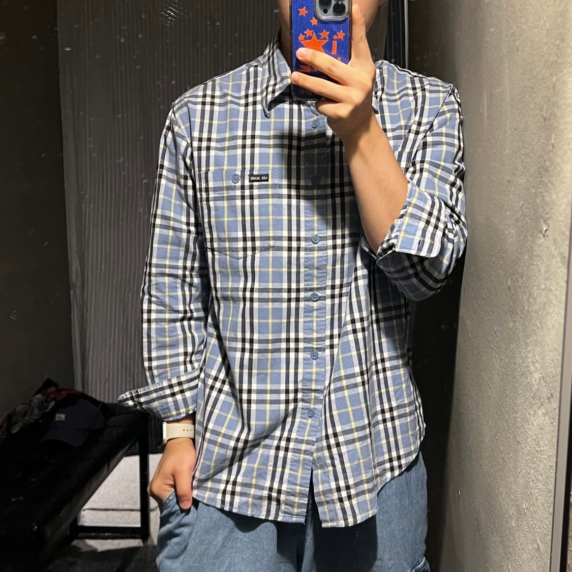 LEE 리 90s 네이비 블루 타탄체크 투포켓 아메카지 남방 셔츠 상품이미지3