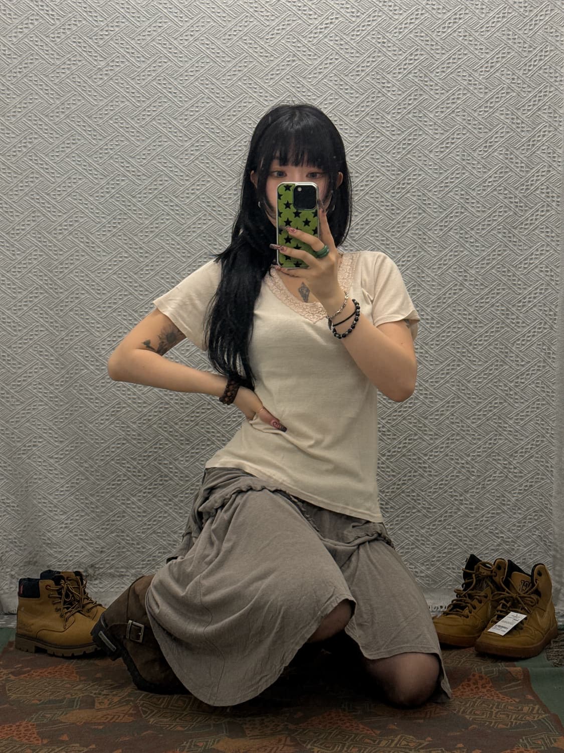 빈티지 러블리 코지 모리 딸기우유 오트밀 레이스 반팔티 K0273 상품이미지1