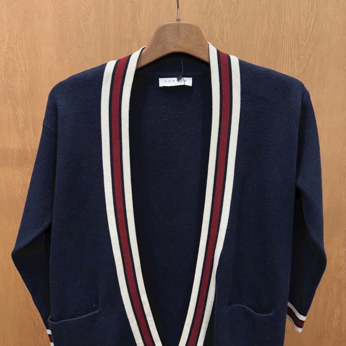 산드로 오픈 니트 가디건 스트라이프 브이넥 라인 디테일 루즈핏 네이비 상품이미지4