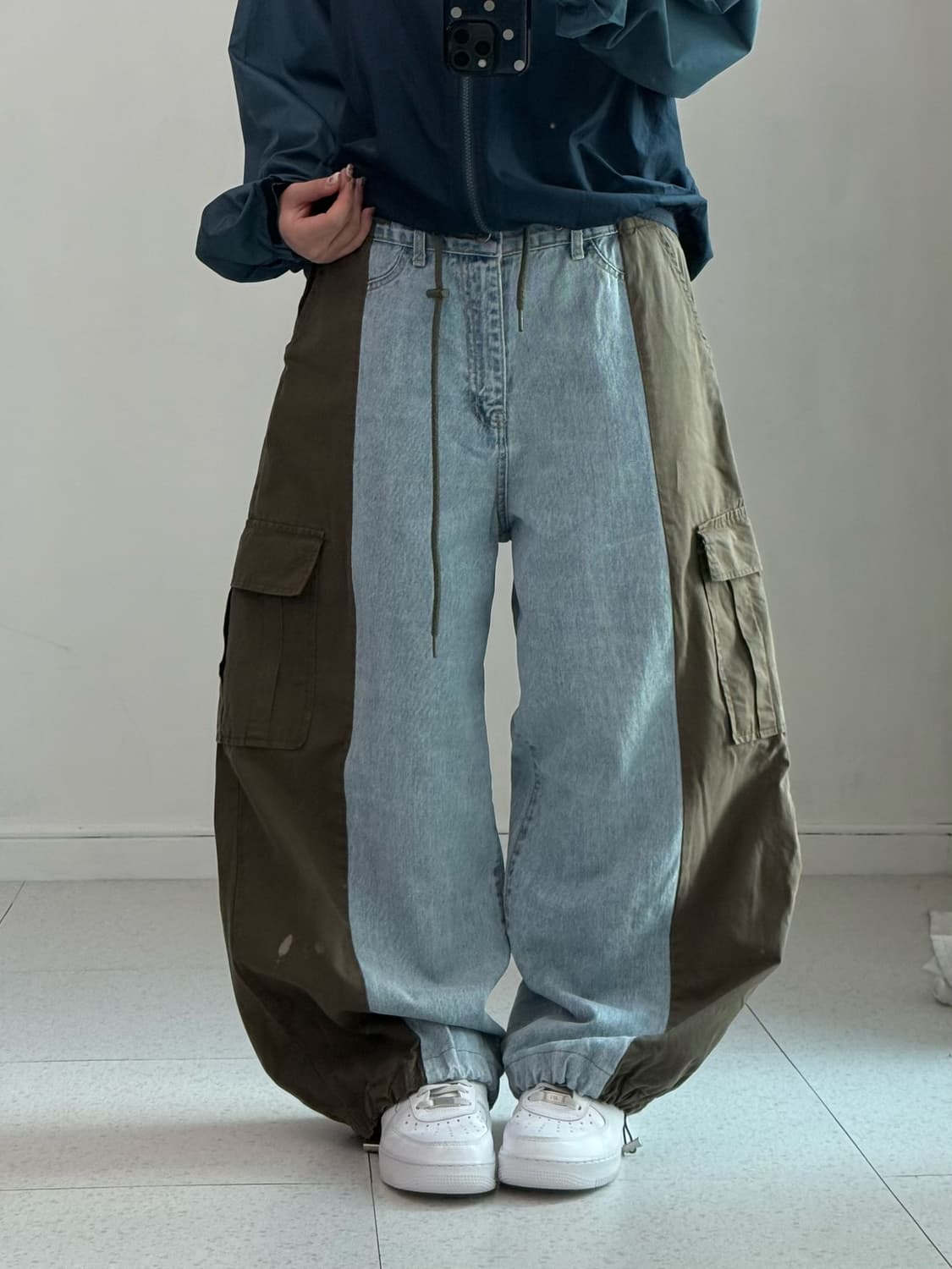 빈티지 리메이크 카키 데님 카고팬츠 상품이미지1