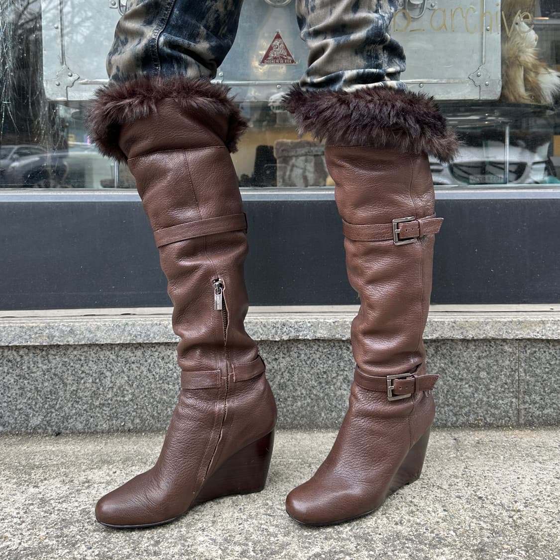 00s 마이클 코어스 웨지 퍼 & 가죽 롱부츠 상품이미지6