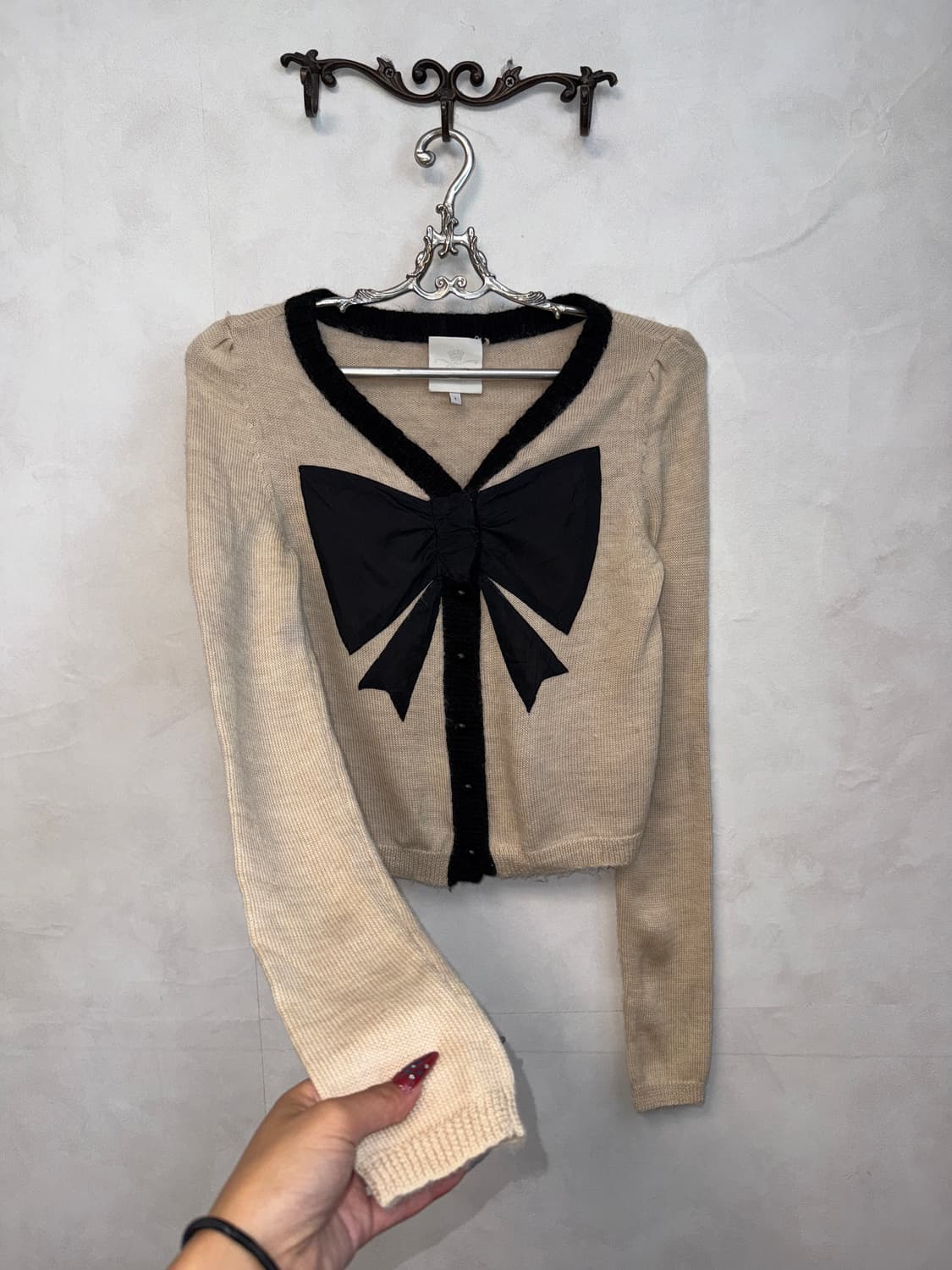 O’2ND beige ribbon button cardigan  상품이미지2