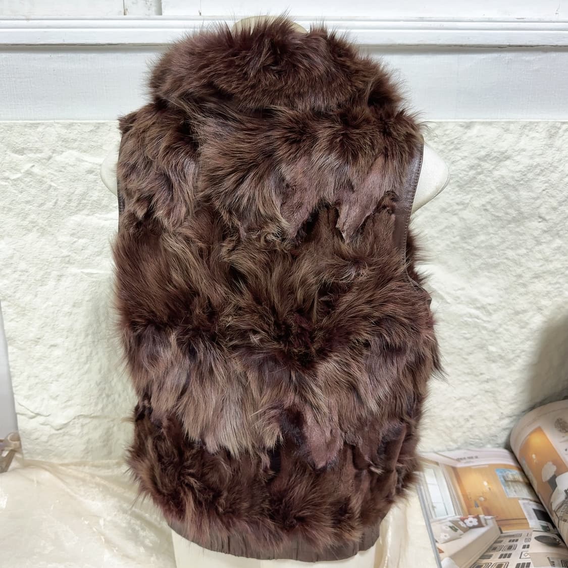 빈티지 와인 브라운 폭스퍼 여우털 양가죽 조끼 베스트 상품이미지4