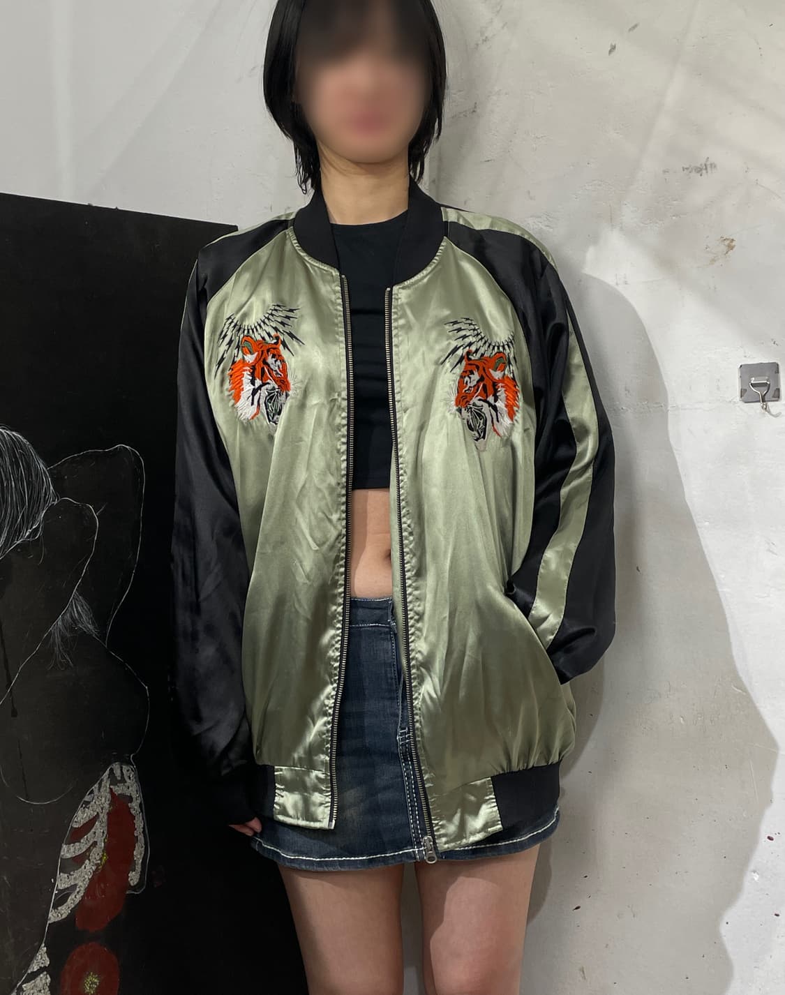 일본빈티지 사틴 호랑이 자수 스카잔 오리엔탈 스카쟌 3XL 상품이미지3