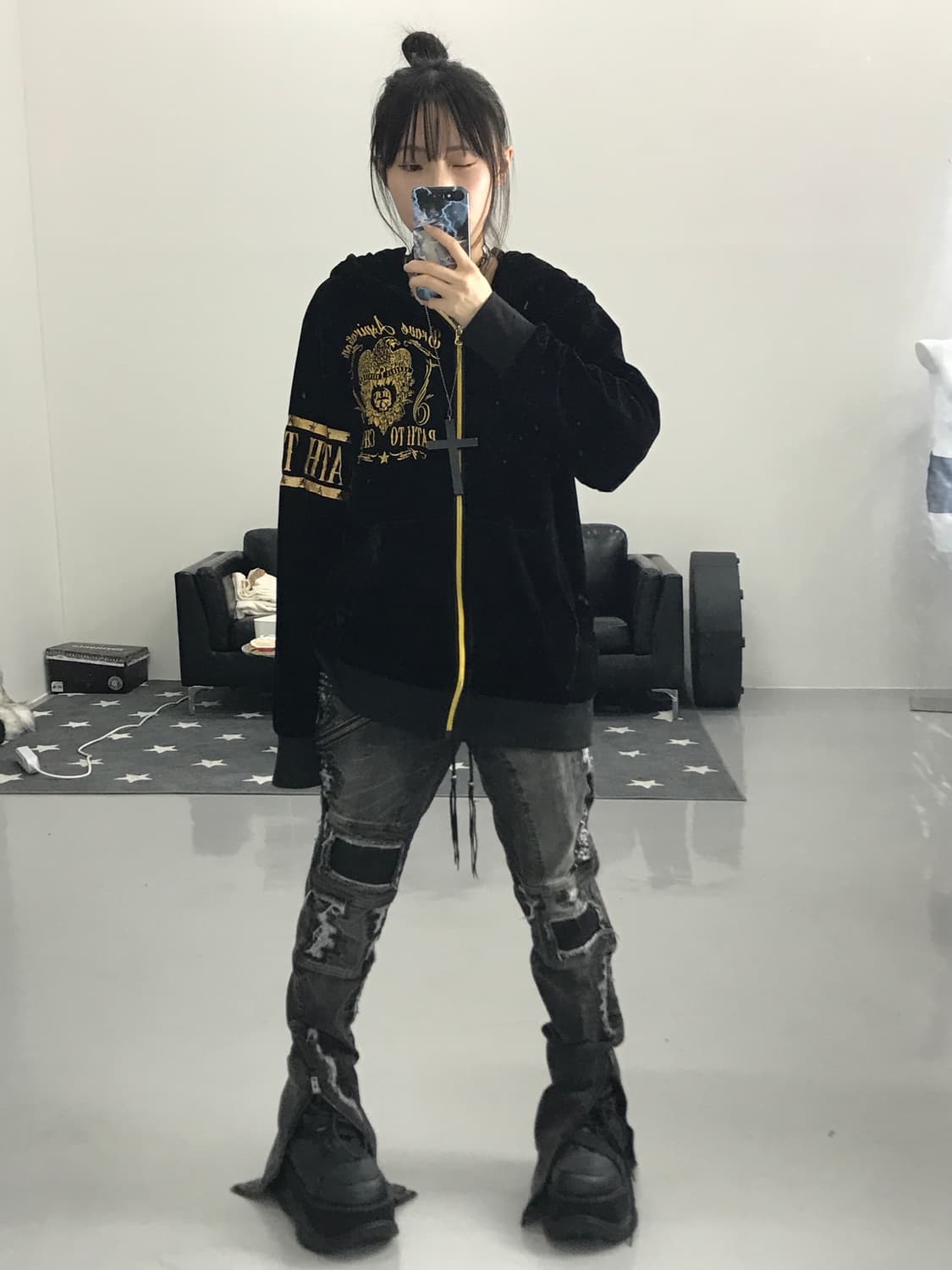 JPN Y2K펑크 블랙벨벳 프린팅 후드집업 상품이미지2