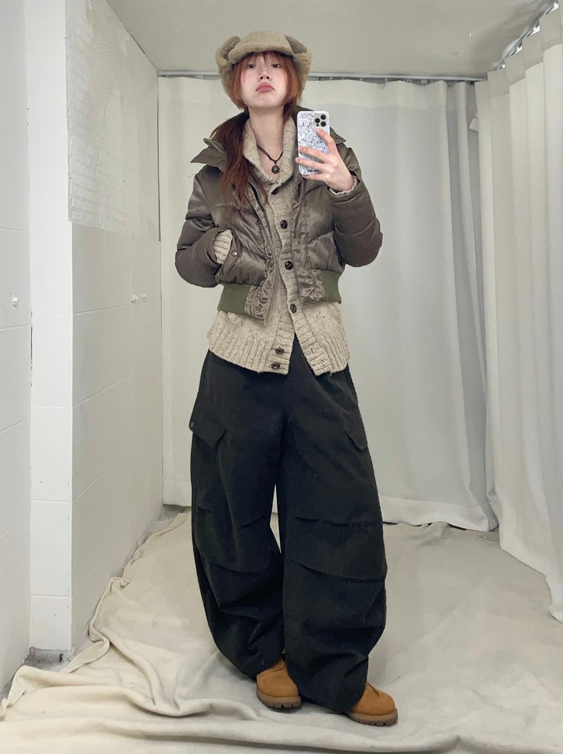 빈티지 카키 아이보리 캐주얼 폭닥 코디 세트 상품이미지1