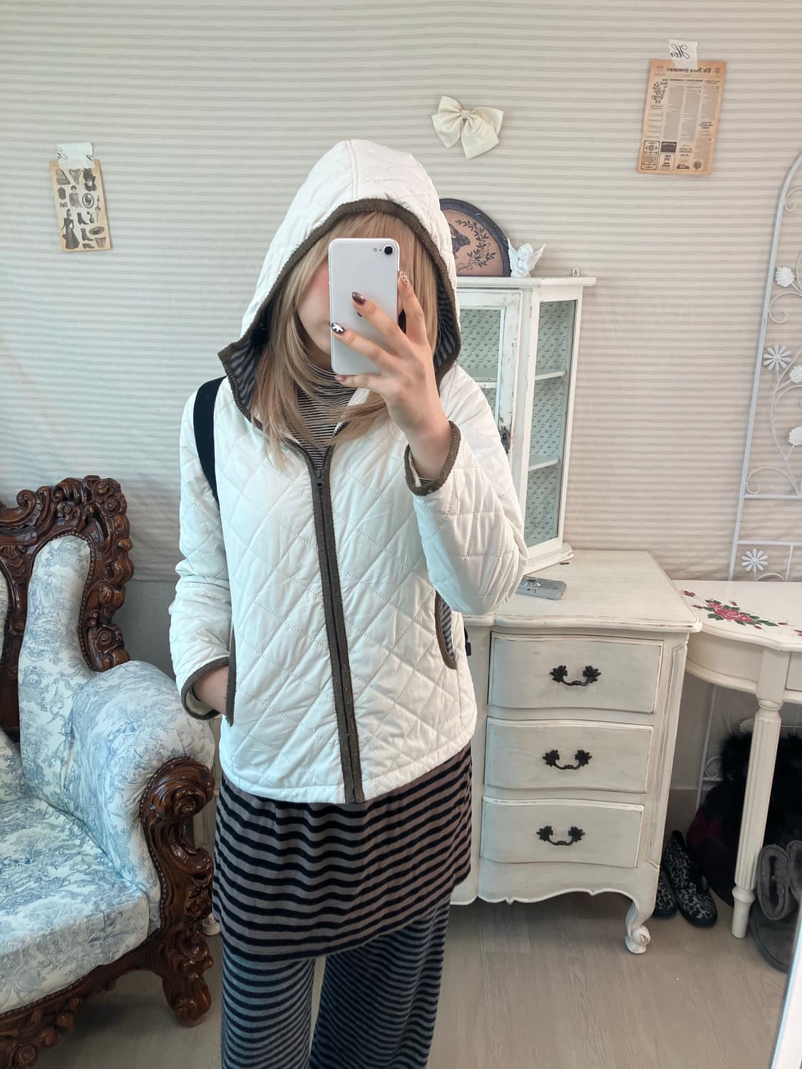 일본빈티지 아이보리 모리 누빔 스트라이프 경량패딩 상품이미지3