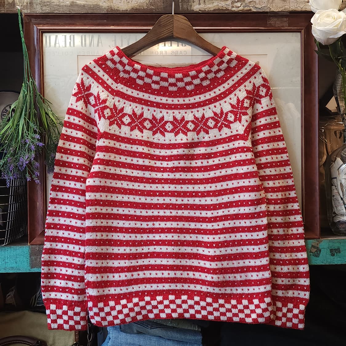 90s 프렌치 핸드메이드 울 니트 스웨터 노르딕 하트 패턴 상품이미지1