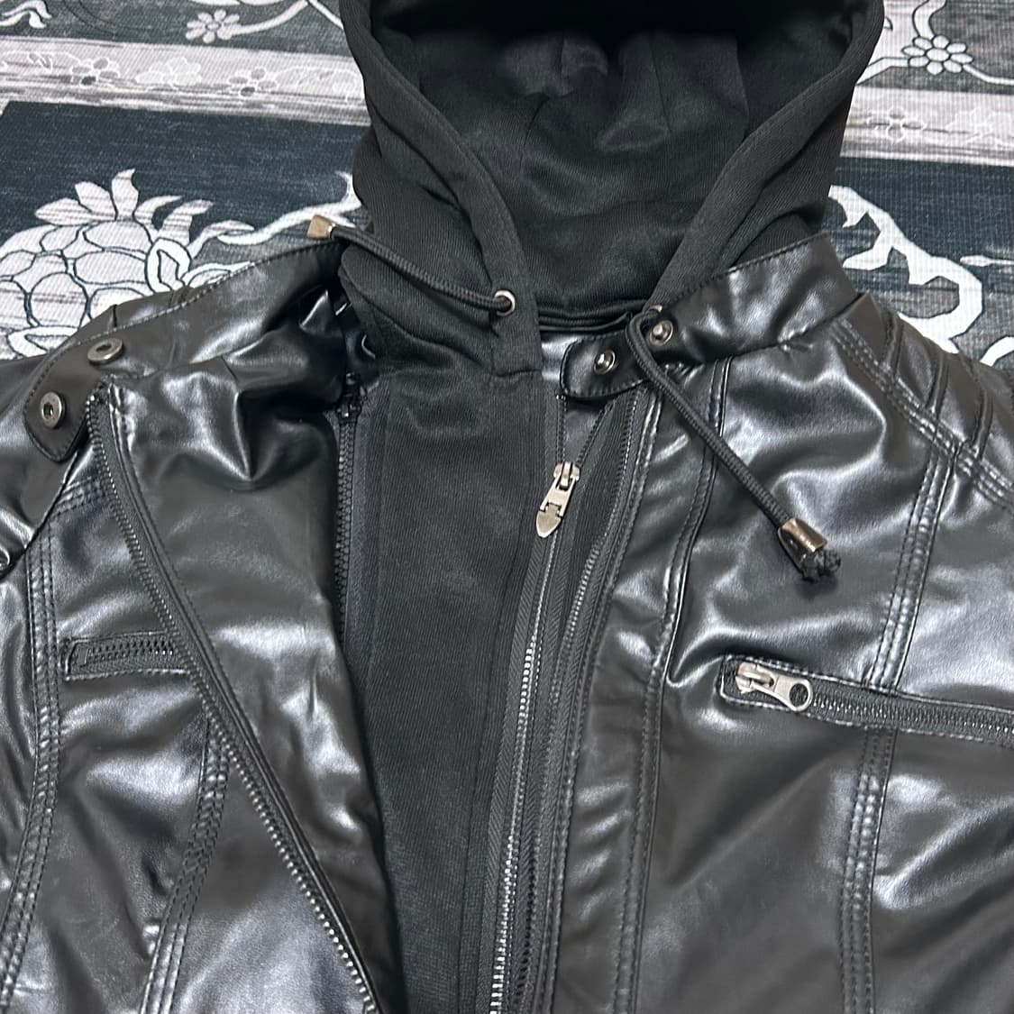 Jpn 00s 페이크 레더 후드 레이어드 자켓 vkei 펑크 y2k 상품이미지3