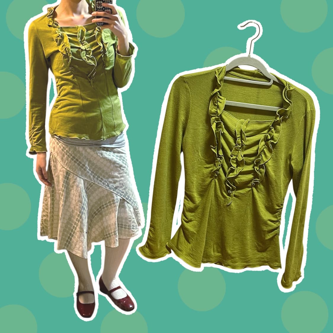 빈티지 완두콩 그린 프릴 티셔츠 상품이미지1