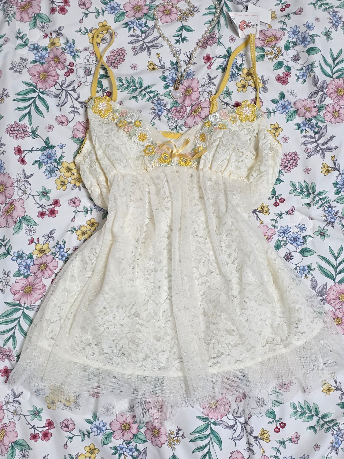 일본빈티지)페어리계 플로럴 리본모리걸 레이스 슬립 레이어드 슬리브리스 상품이미지3