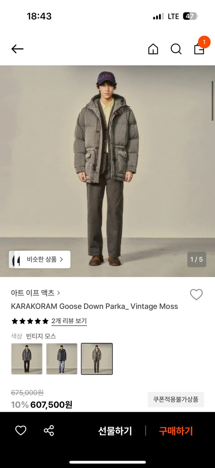 아트이프액츠 카라코람 구스다운 빈티지 모스 m사이즈 Art if acts 상품이미지1