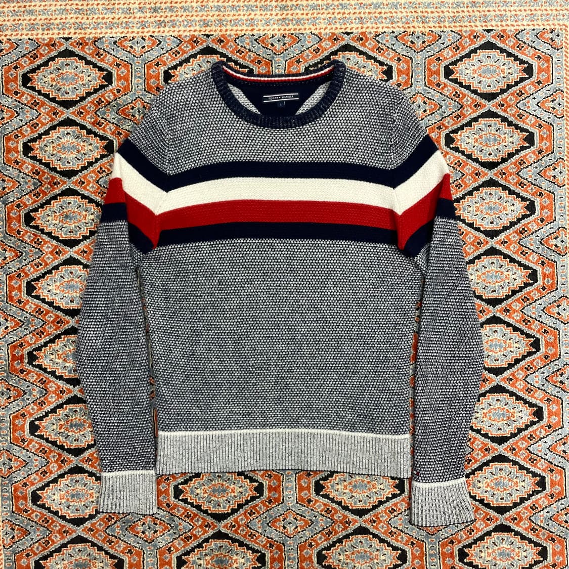 타미힐피거 네이비 스트라이프 패턴 울니트 남성S 상품이미지1