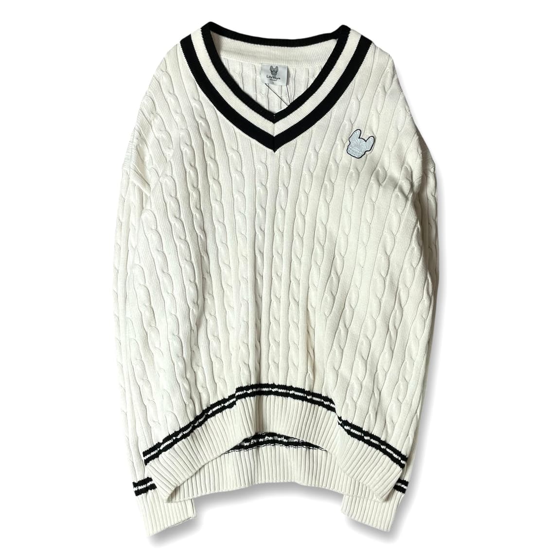 라이프워크 로고패치 화이트 꽈배기 브이넥 니트 L 상품이미지1