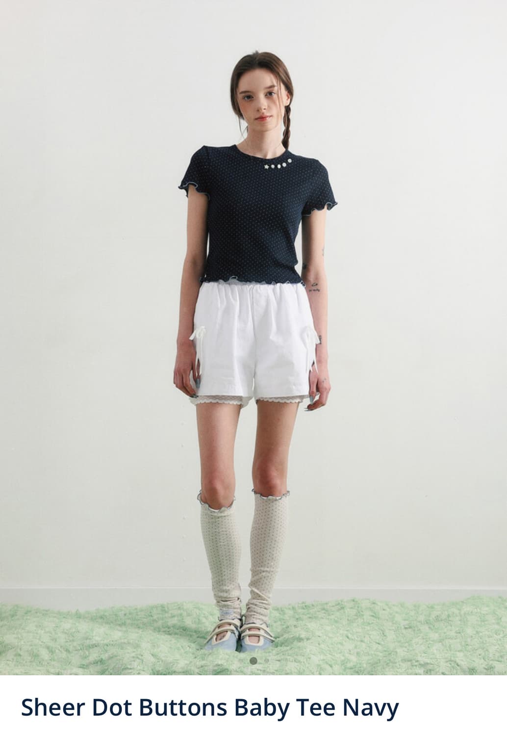 Sheer Dot Buttons Baby Tee Navy 상품이미지4