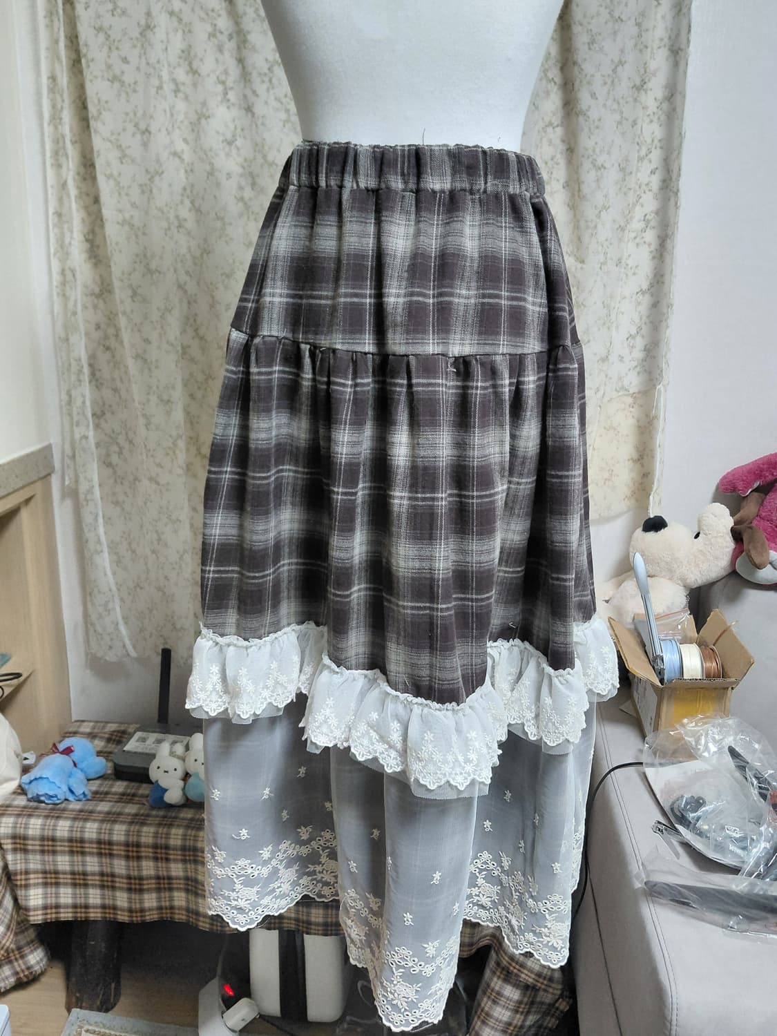 [핸드메이드] 체크 레이스 롱 스커트 상품이미지3