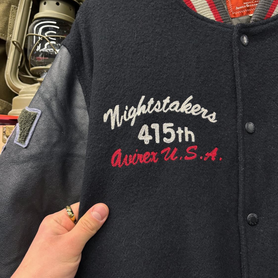 90s 아비렉스 나이트스태커즈 엠브로이드 레더 바시티자켓 N453 상품이미지6