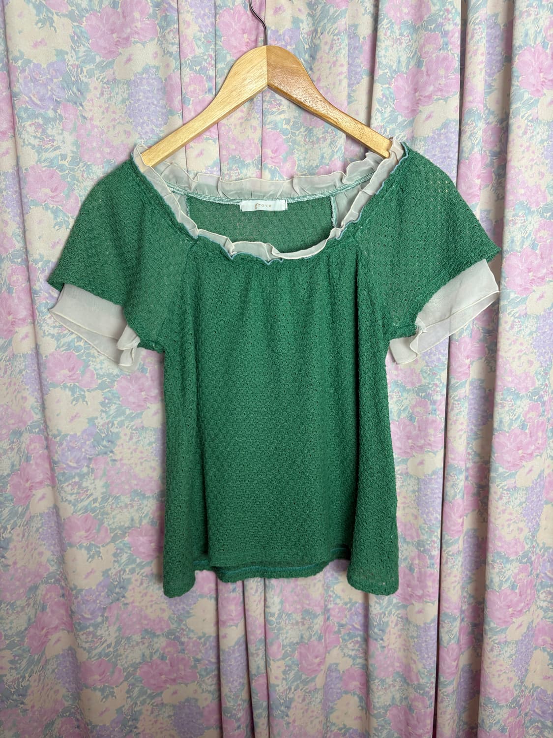 그린 쉬폰 반소매 니트탑 상품이미지5