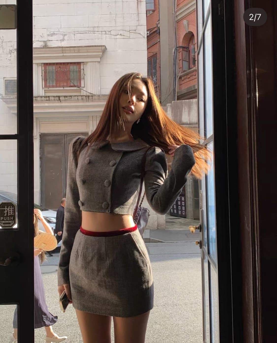 파리지앵바이브 울 체크그레이 크롭자켓 미니스커트 투피스 상품이미지2