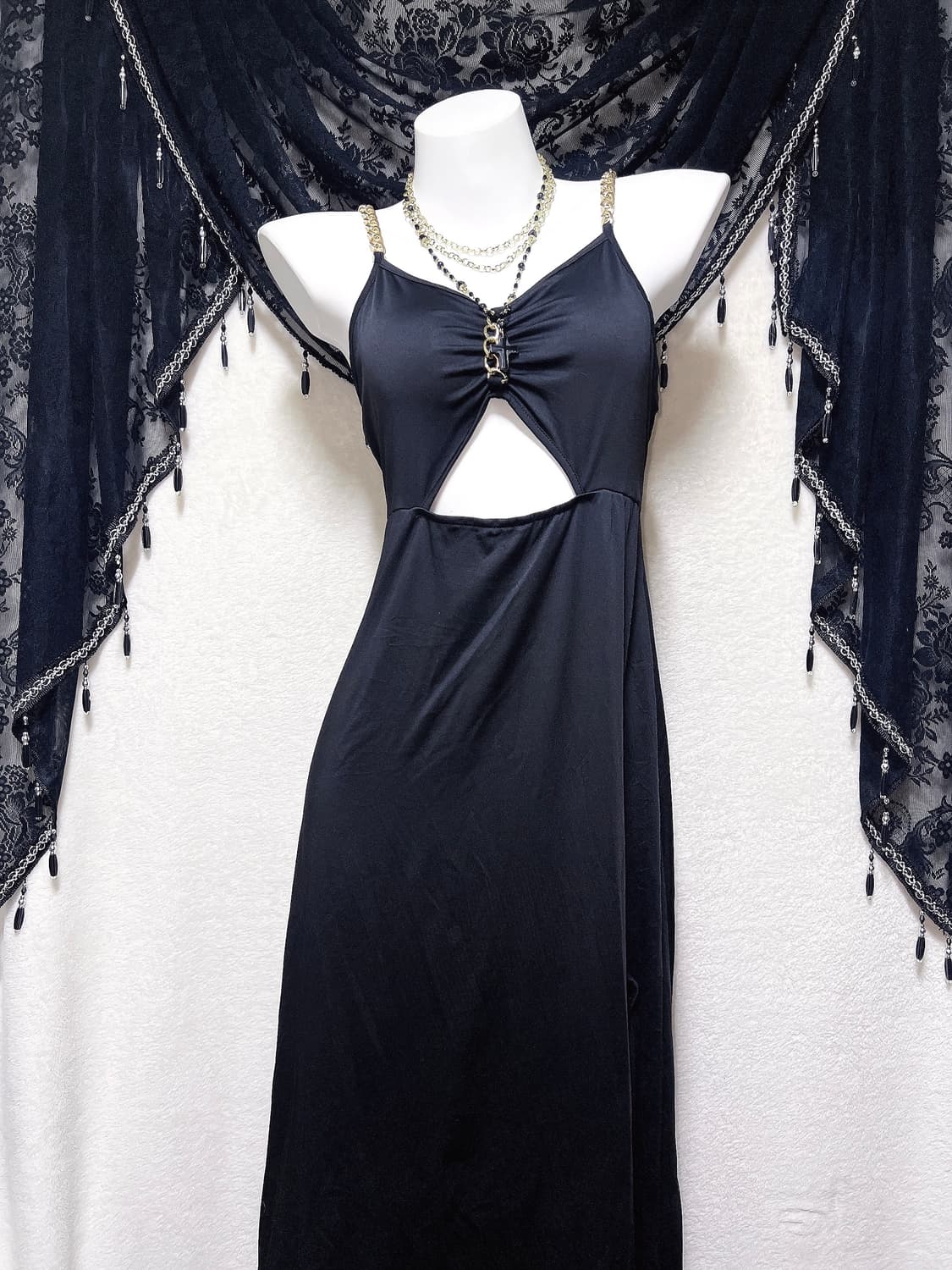 오네갸루 로맨틱고딕 고스펑크 금장체인 블랙 롱드레스 트임원피스 섹시 코스 상품이미지7