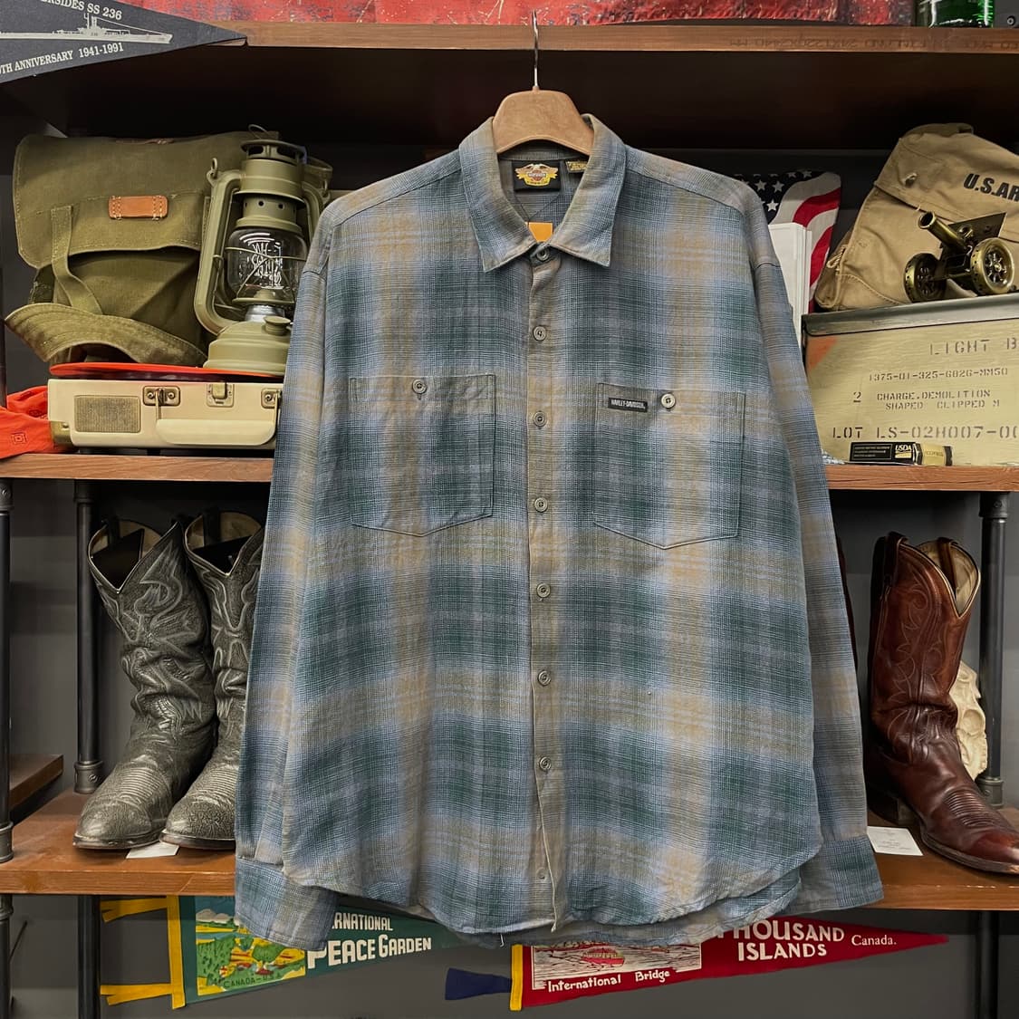 할리데이비슨 디스트레스드 포켓 로고 멀티 체크 셔츠 상품이미지1