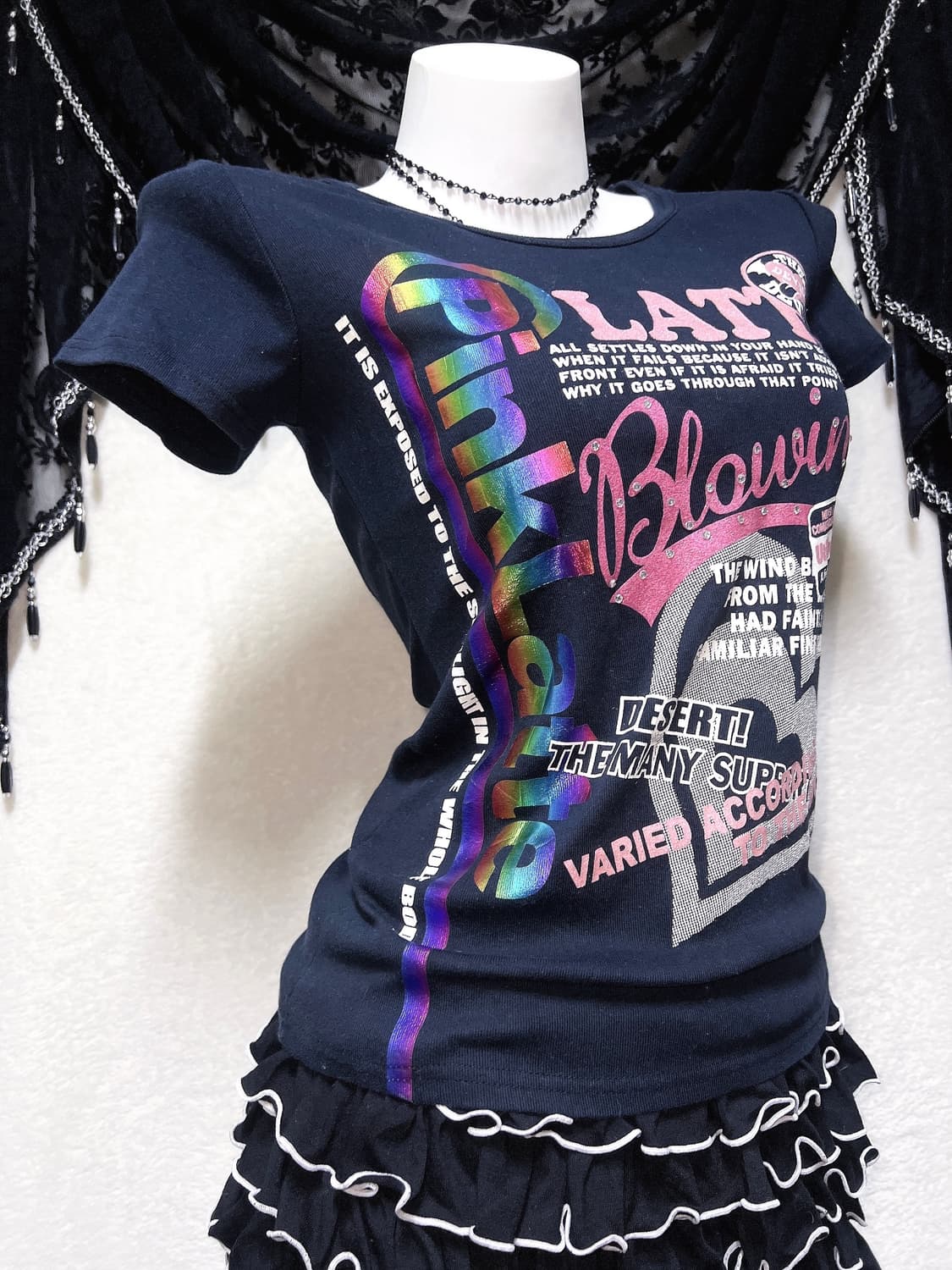 핑크라떼 헤이세이 갸루 키치 러블리 글리터 레터링 반팔탑 펑크 핀터 상품이미지6