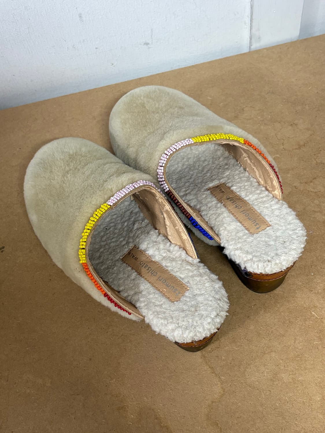 츠모리 치사토 빈티지 에스닉 비즈 퍼 우드 클로그 뮬 상품이미지4