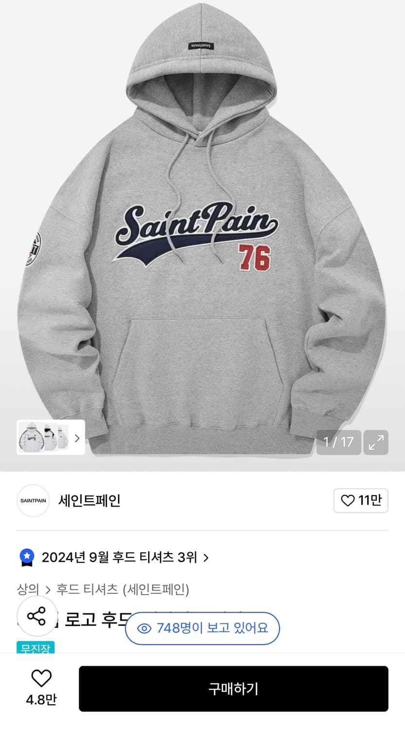 세인트페인 로고 후드티 그레이 S 상품이미지1