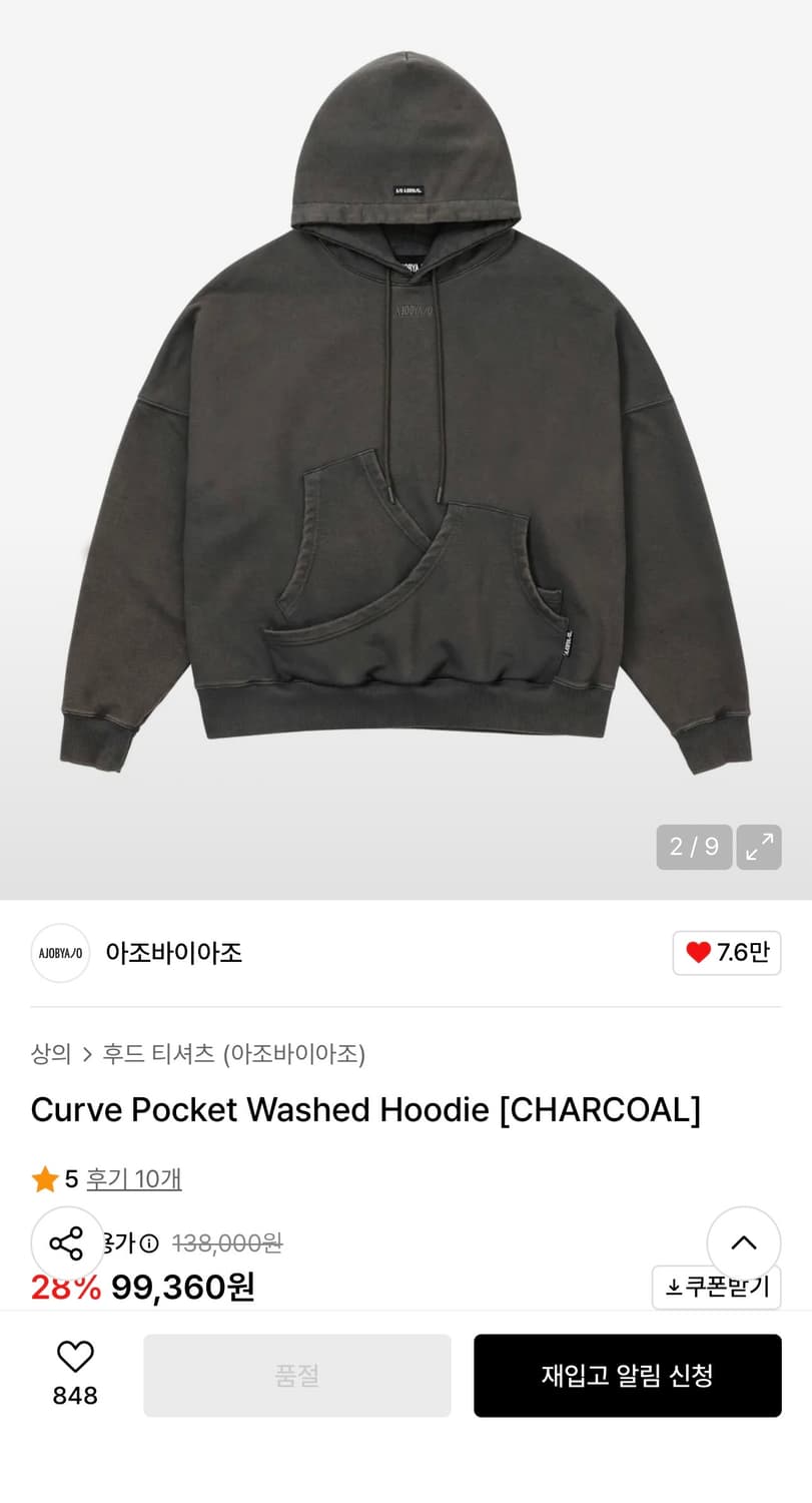 아조바이아조(AJOBYAJO) 커브 포켓 워시드 후드 챠콜 상품이미지2