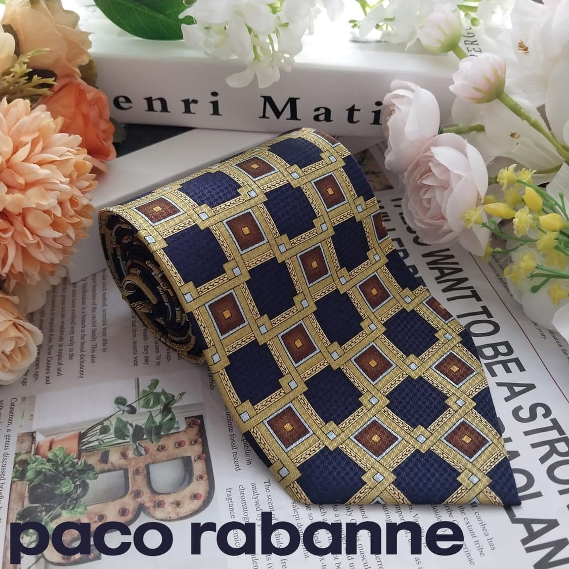 파코라반 실크 네이비&라임 기하패턴 넥타이 9.5cm A+등급 K1509 상품이미지1