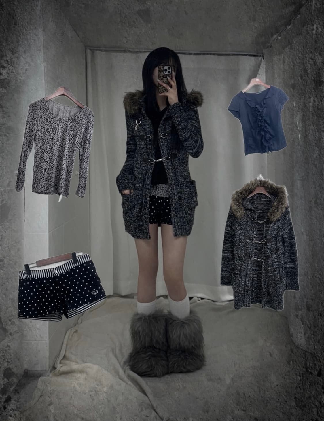 무채색 니혼진 갸루 펑크 00’s 퍼 후드 가디건 [스윙잉홍대] 상품이미지1