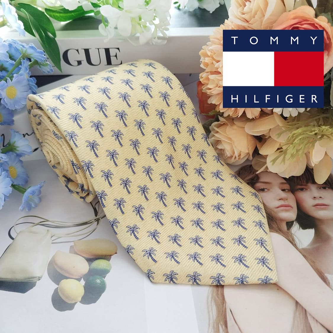 타미힐피거 실크 레몬옐로우 야자수 패턴 넥타이 9cm A+등급 K1636 상품이미지1