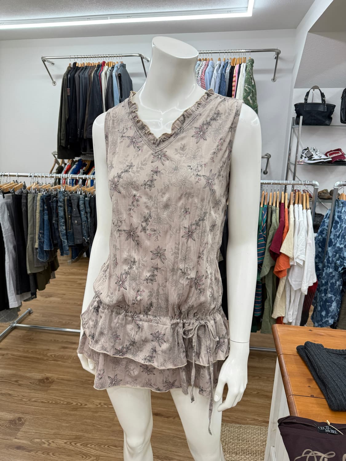 빈티지 베이지 프릴 리본 모리 미니 원피스 상품이미지1