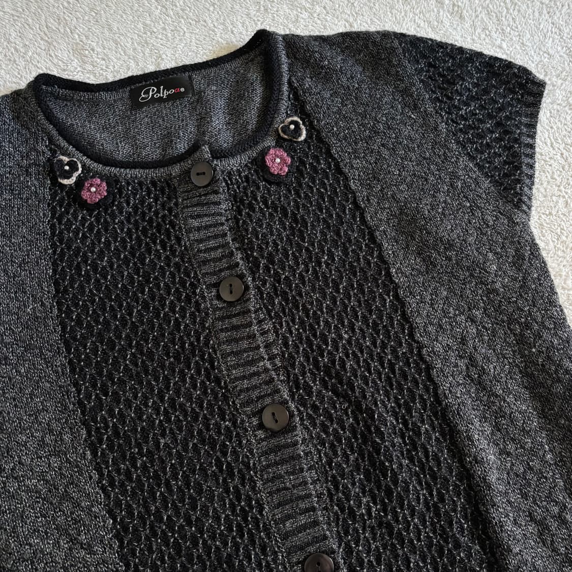 일본빈티지 플라워 자수 차콜 레이어드 반팔 니트 조끼 상품이미지3