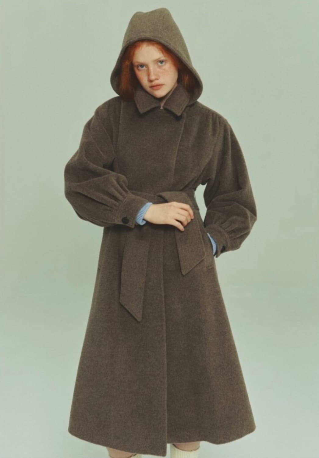 택O) [s] 아크로 셔링 슬리브 후드 울 블렌드 앙고라 코트 브라운 상품이미지2